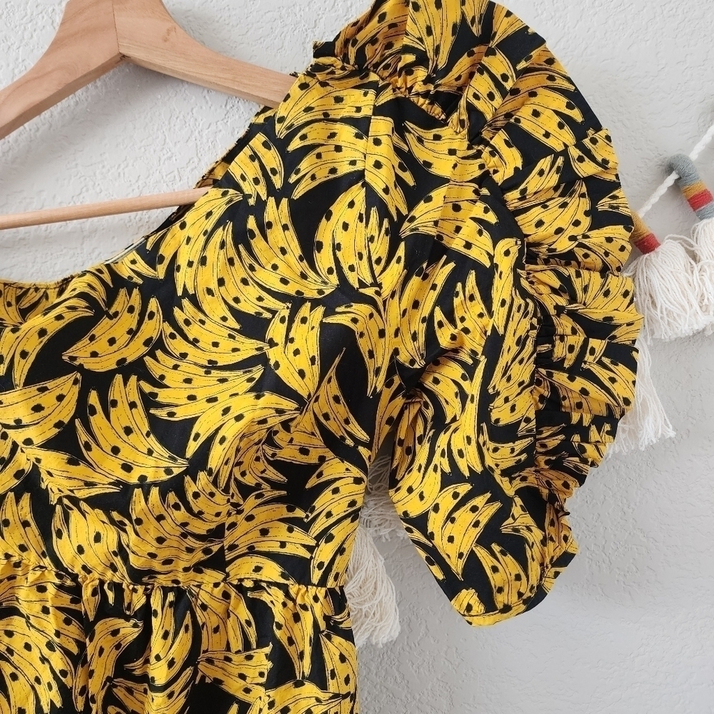 Farm Rio Spotted Bananas Puff One Shoulder Tiered Ruffle Midi Dress Beach S - Picture 10 of 13